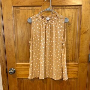 LOFT Sleeveless Ruffle-Neck Floral Print Camisole - Tan with White